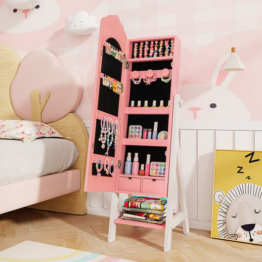 Kids Jewelry Organizer with Full Length Mirror Drawers and Storage Shelves-Pink-2