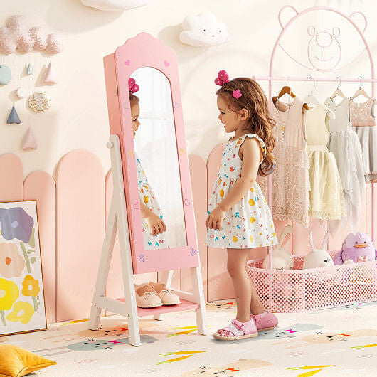 Kids Jewelry Organizer with Full Length Mirror Drawers and Storage Shelves-Pink-4
