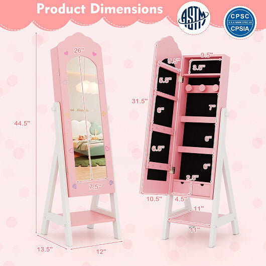 Kids Jewelry Organizer with Full Length Mirror Drawers and Storage Shelves-Pink-5