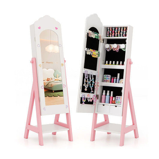 Kids Jewelry Organizer with Full Length Mirror Drawers and Storage Shelves-Pink-1