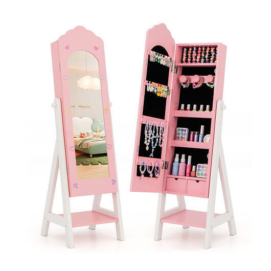Kids Jewelry Organizer with Full Length Mirror Drawers and Storage Shelves-Pink-0