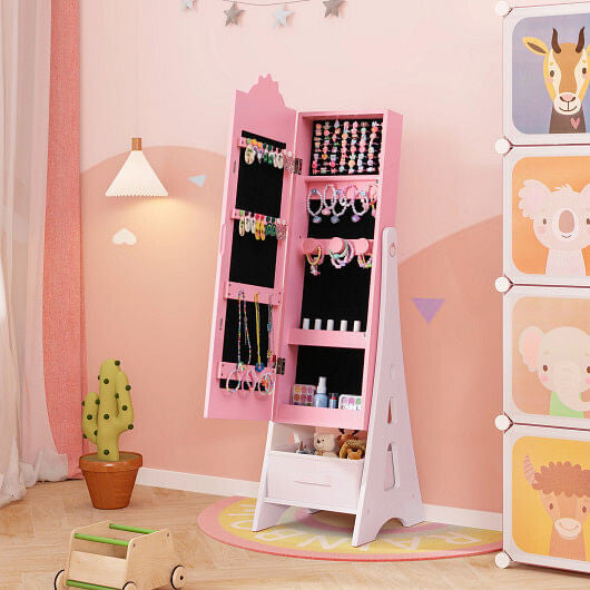 Kids Jewelry Cabinet with Full-Length Mirror and Foldable Drawer-Pink-0