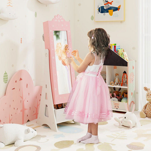 Kids Jewelry Cabinet with Full-Length Mirror and Foldable Drawer-Pink-1