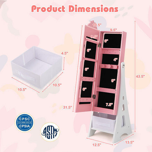 Kids Jewelry Cabinet with Full-Length Mirror and Foldable Drawer-Pink-2