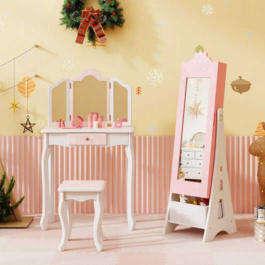 Kids Jewelry Cabinet with Full-Length Mirror and Foldable Drawer-Pink-3