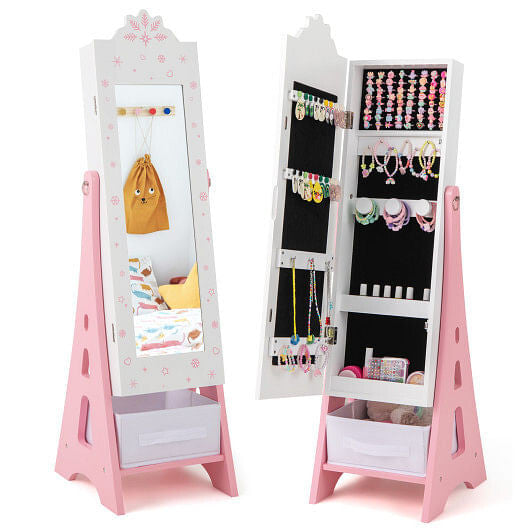 Kids Jewelry Cabinet with Full-Length Mirror and Foldable Drawer-Pink-4