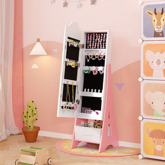 Kids Jewelry Cabinet with Full-Length Mirror and Foldable Drawer-Pink-5