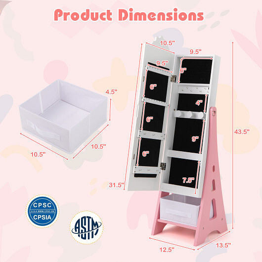Kids Jewelry Cabinet with Full-Length Mirror and Foldable Drawer-Pink-7