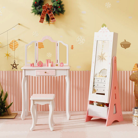 Kids Jewelry Cabinet with Full-Length Mirror and Foldable Drawer-Pink-8