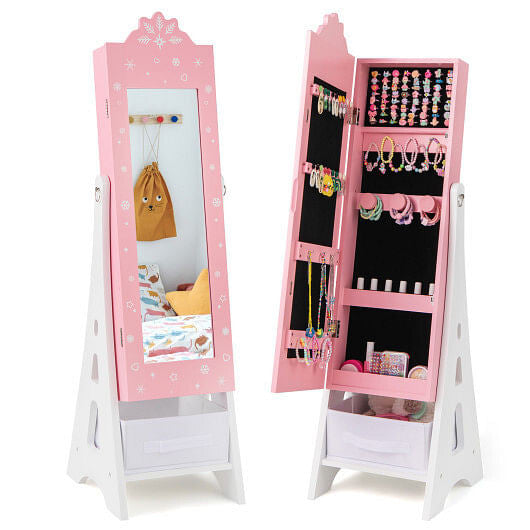 Kids Jewelry Cabinet with Full-Length Mirror and Foldable Drawer-Pink-9
