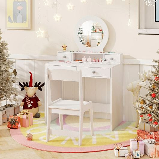 Kids Vanity Set with Mirror Princess Makeup Dressing Desk and Chair Set with Mirror-White-0