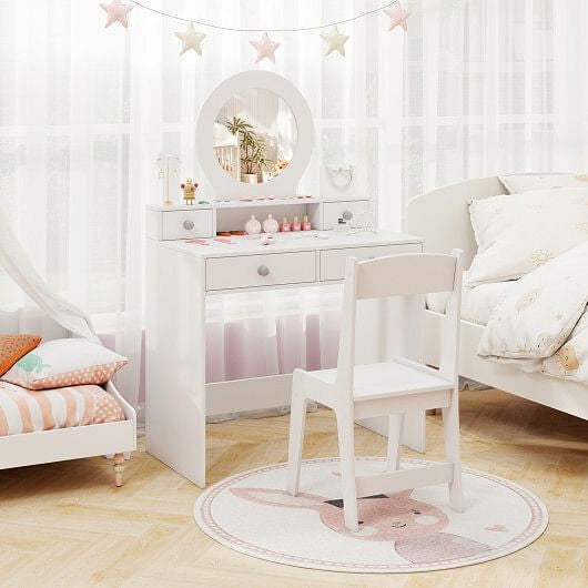 Kids Vanity Set with Mirror Princess Makeup Dressing Desk and Chair Set with Mirror-White-1