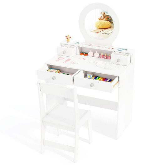 Kids Vanity Set with Mirror Princess Makeup Dressing Desk and Chair Set with Mirror-White-2