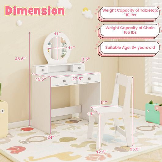 Kids Vanity Set with Mirror Princess Makeup Dressing Desk and Chair Set with Mirror-White-3