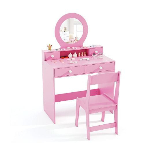 Kids Vanity Set with Mirror Princess Makeup Dressing Desk and Chair Set with Mirror-White-4