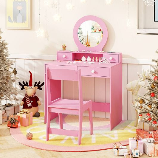 Kids Vanity Set with Mirror Princess Makeup Dressing Desk and Chair Set with Mirror-White-5