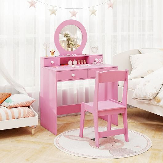 Kids Vanity Set with Mirror Princess Makeup Dressing Desk and Chair Set with Mirror-White-6