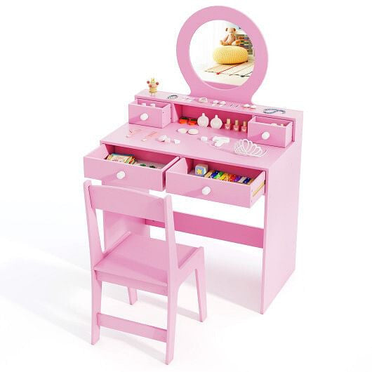 Kids Vanity Set with Mirror Princess Makeup Dressing Desk and Chair Set with Mirror-White-7