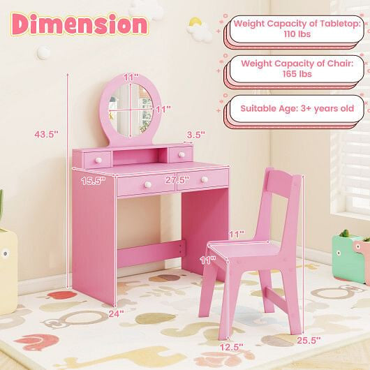 Kids Vanity Set with Mirror Princess Makeup Dressing Desk and Chair Set with Mirror-White-8