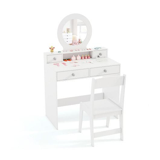 Kids Vanity Set with Mirror Princess Makeup Dressing Desk and Chair Set with Mirror-White-9