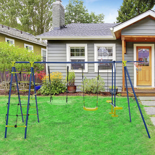 550 LBS 6-in-1 Patio Kids Swing Set with Climbing Net and Ladder-Green-0
