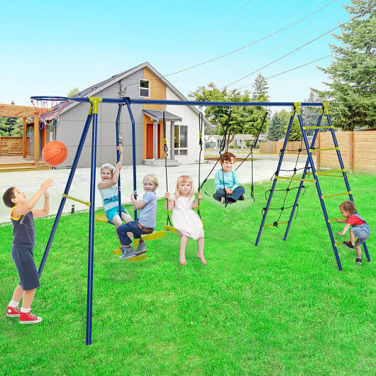 550 LBS 6-in-1 Patio Kids Swing Set with Climbing Net and Ladder-Green-1