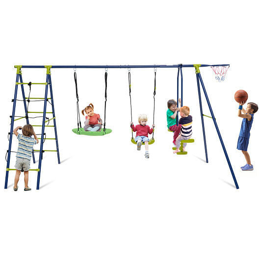 550 LBS 6-in-1 Patio Kids Swing Set with Climbing Net and Ladder-Green-2