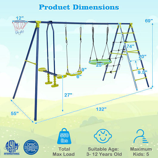 550 LBS 6-in-1 Patio Kids Swing Set with Climbing Net and Ladder-Green-3