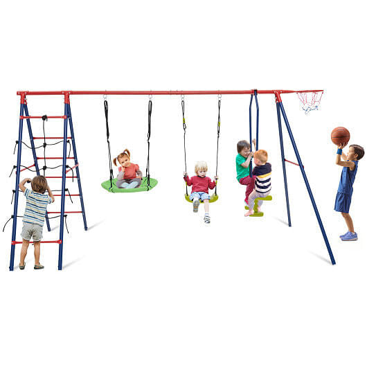 550 LBS 6-in-1 Patio Kids Swing Set with Climbing Net and Ladder-Green-4