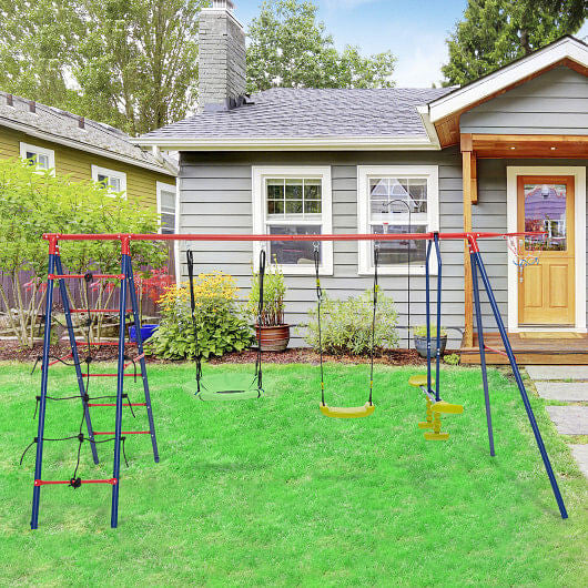 550 LBS 6-in-1 Patio Kids Swing Set with Climbing Net and Ladder-Green-5