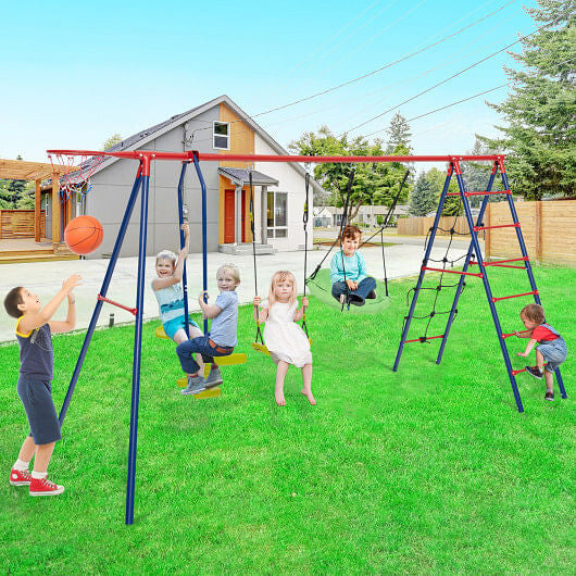 550 LBS 6-in-1 Patio Kids Swing Set with Climbing Net and Ladder-Green-6
