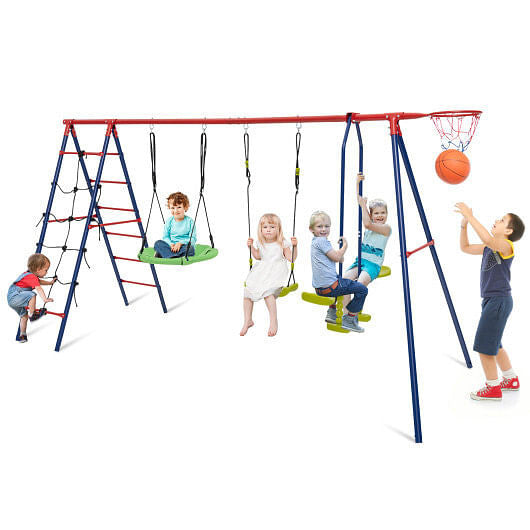 550 LBS 6-in-1 Patio Kids Swing Set with Climbing Net and Ladder-Green-7
