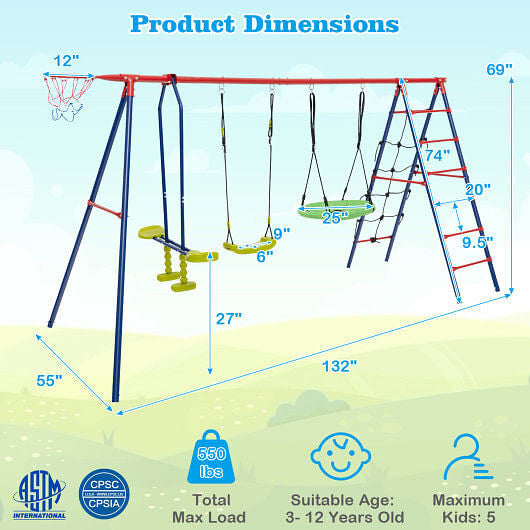 550 LBS 6-in-1 Patio Kids Swing Set with Climbing Net and Ladder-Green-8