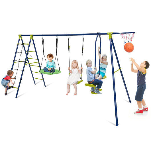 550 LBS 6-in-1 Patio Kids Swing Set with Climbing Net and Ladder-Green-9