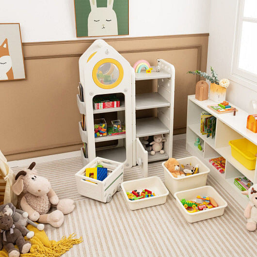 Multipurpose Toy Chest and Bookshelf with Mobile Trolley for Bedroom-Gray-0