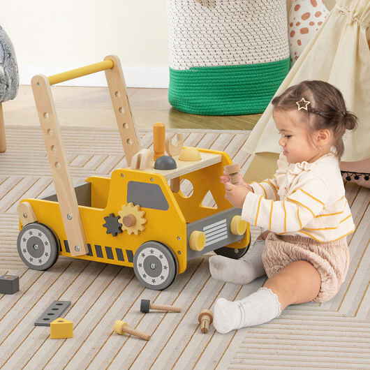 2-in-1 Wooden Baby Walker with Adjustable Speed and Bottom Storage-Yellow-0