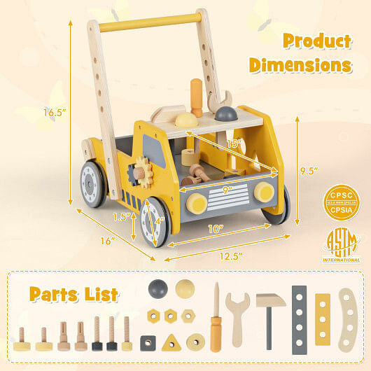 2-in-1 Wooden Baby Walker with Adjustable Speed and Bottom Storage-Yellow-3