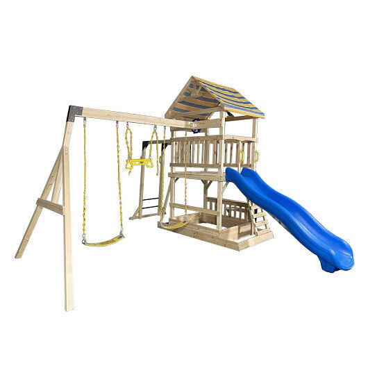 Wooden Swing Set with Large Upper Deck Slide and Steering Wheel-0