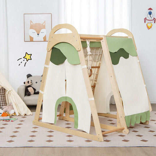 6-in-1 Wooden Kids Jungle Gym Playset with Slide Climbing Net-Natural-0