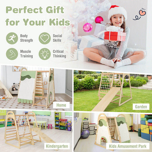 6-in-1 Wooden Kids Jungle Gym Playset with Slide Climbing Net-Natural-3