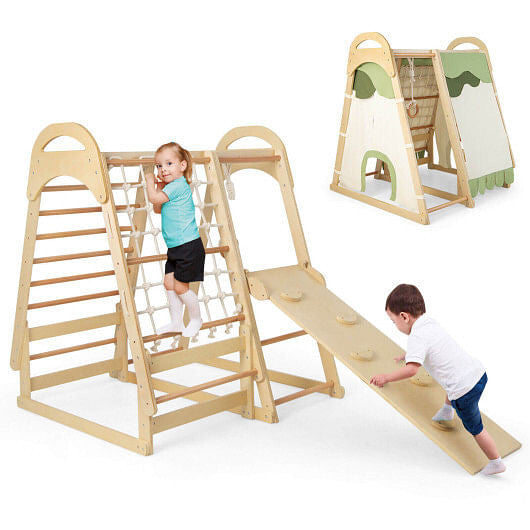 6-in-1 Wooden Kids Jungle Gym Playset with Slide Climbing Net-Natural-4