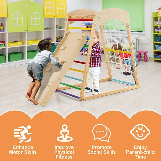 6-in-1 Jungle Gym Wooden Indoor Playground with Double-Sided Ramp and Monkey Bars-Multicolor-0