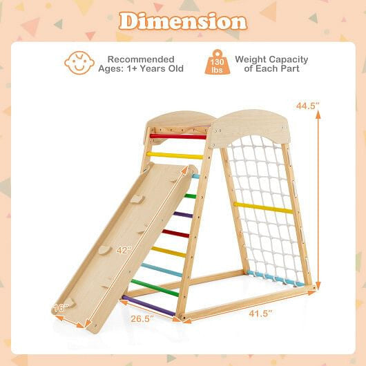 6-in-1 Jungle Gym Wooden Indoor Playground with Double-Sided Ramp and Monkey Bars-Multicolor-1