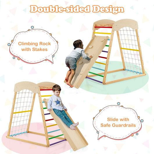 6-in-1 Jungle Gym Wooden Indoor Playground with Double-Sided Ramp and Monkey Bars-Multicolor-2