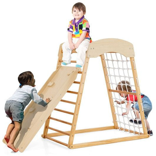 6-in-1 Jungle Gym Wooden Indoor Playground with Double-Sided Ramp and Monkey Bars-Multicolor-3