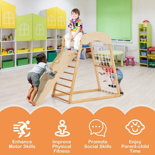 6-in-1 Jungle Gym Wooden Indoor Playground with Double-Sided Ramp and Monkey Bars-Multicolor-4