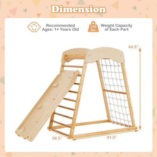 6-in-1 Jungle Gym Wooden Indoor Playground with Double-Sided Ramp and Monkey Bars-Multicolor-5
