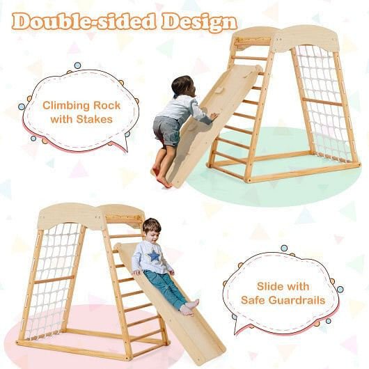 6-in-1 Jungle Gym Wooden Indoor Playground with Double-Sided Ramp and Monkey Bars-Multicolor-6