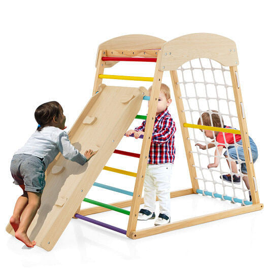 6-in-1 Jungle Gym Wooden Indoor Playground with Double-Sided Ramp and Monkey Bars-Multicolor-7