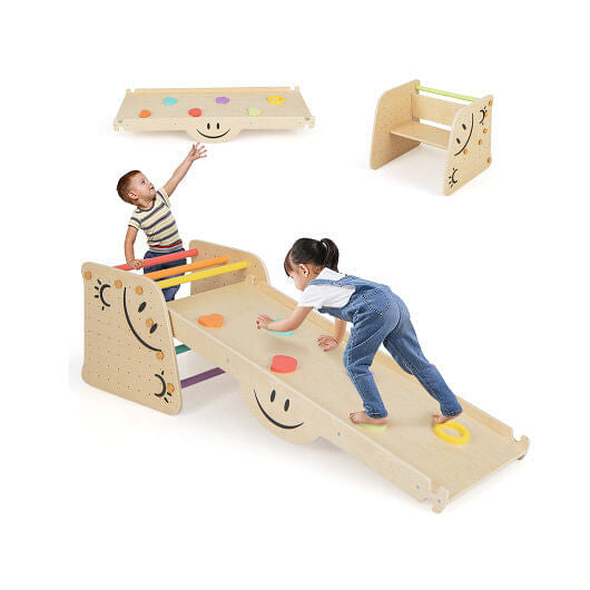 Wooden Climbing Toy Triangle Climber Set with Seesaw-Multicolor-4